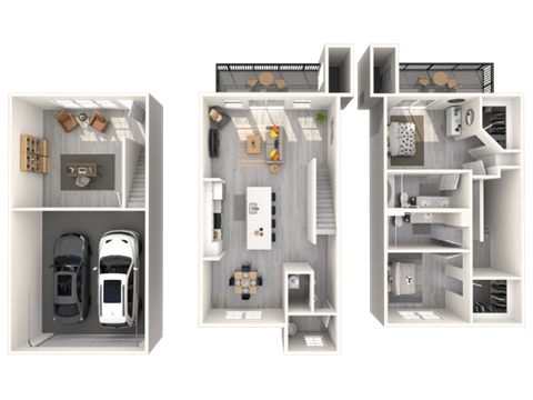 Three different floor plans of a house with a kitchen, living room, and bedrooms.